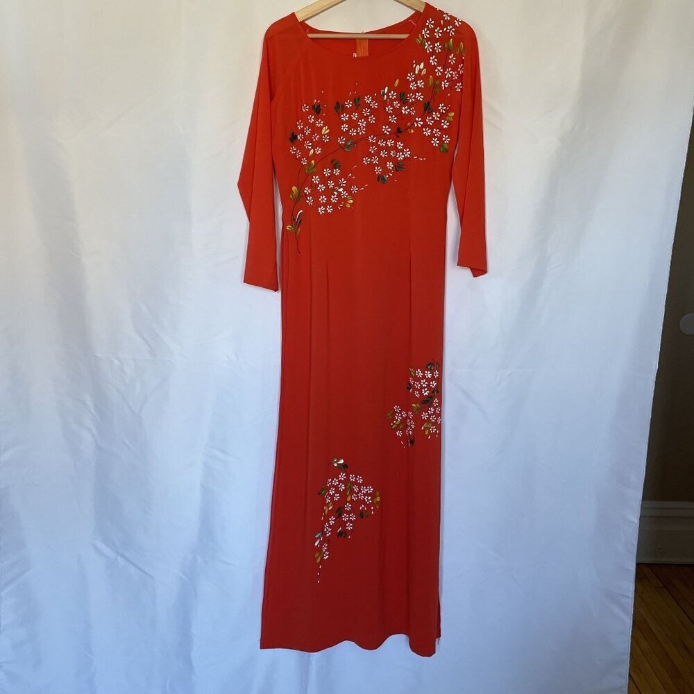 Vintage Floral hand painted Red Maxi Dress Womens XL Long Sleeve high slits